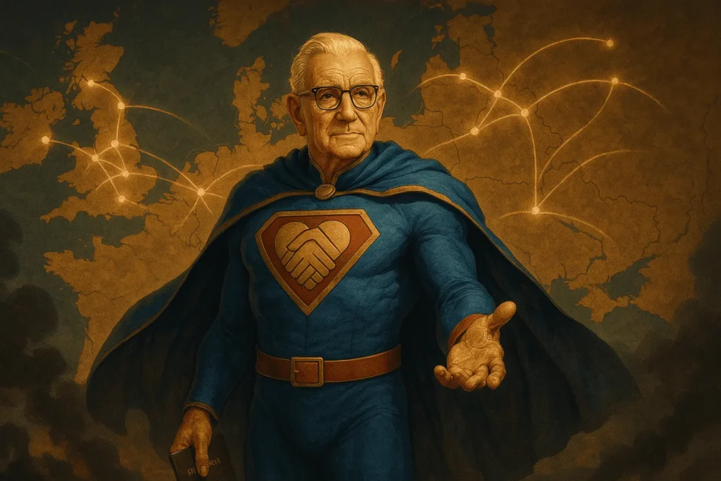 Filme "Uma Vida – A História de Nicholas Winton": Como um Homem Salvou 669 Vidas em Silêncio 3 Ilustração de Nicholas Winton vestido como super-herói, usando traje azul com capa e símbolo de mãos entrelaçadas no peito, estendendo a mão direita. Ao fundo, mapa da Europa com linhas brilhantes conectando diferentes cidades.