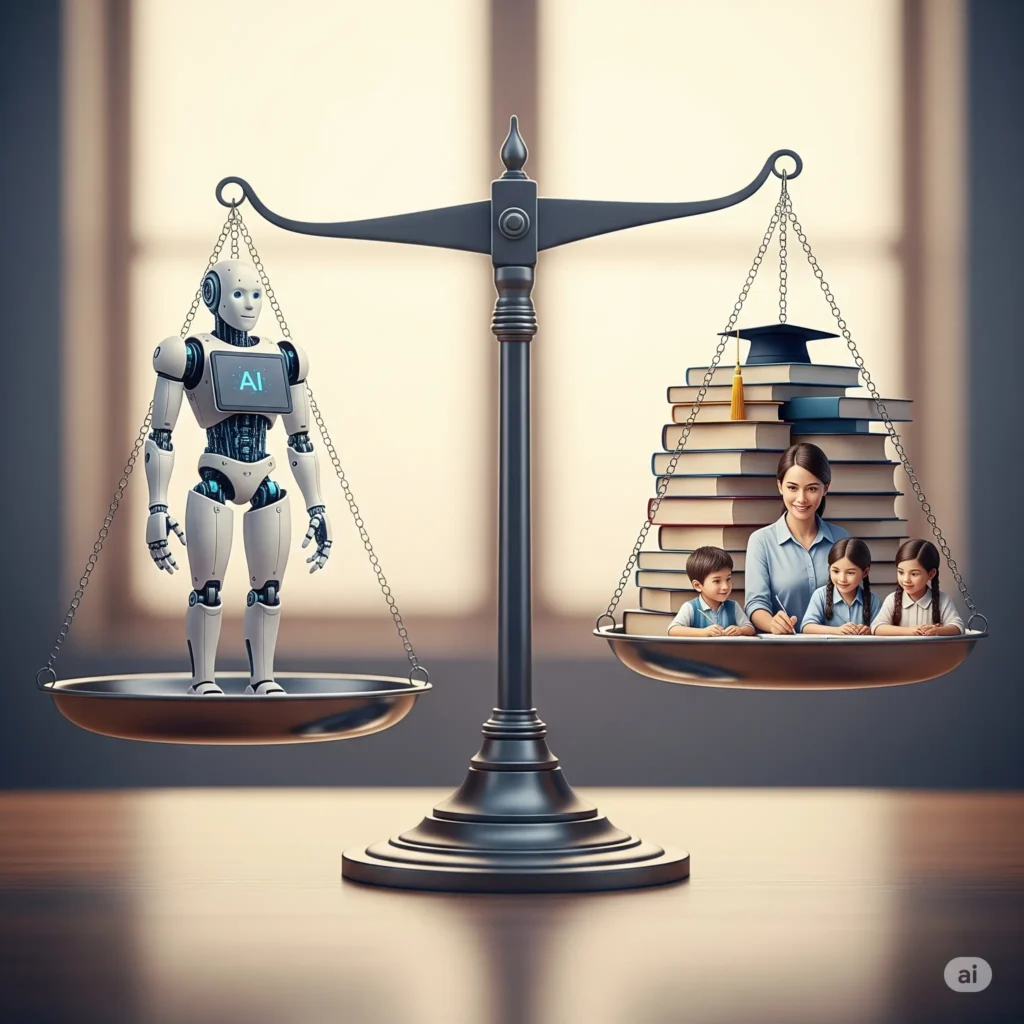 Inteligência Artificial na Educação: Aliada ou ameaça 5 Pessoa diante de uma tela com robô de um lado e livros do outro