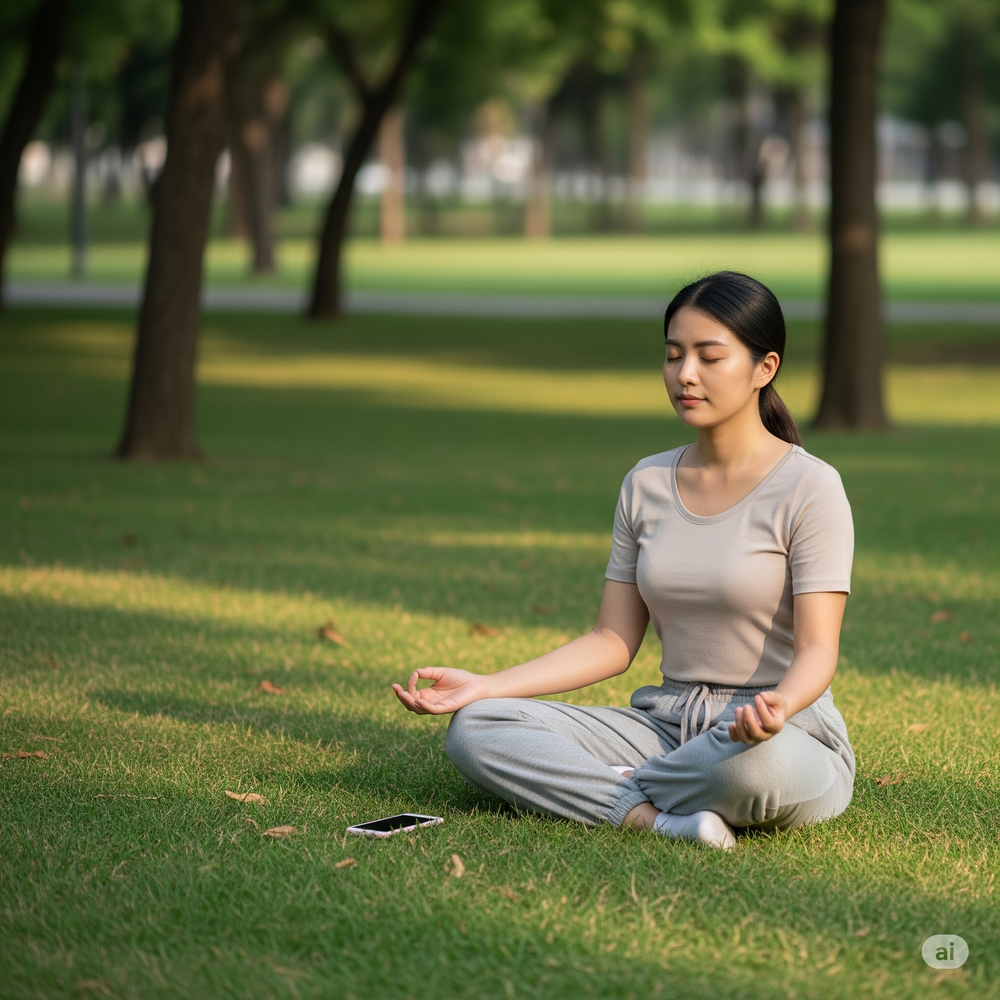 Você sabe o que é FOMO? 4 Pessoa meditando longe do celular em ambiente natural
