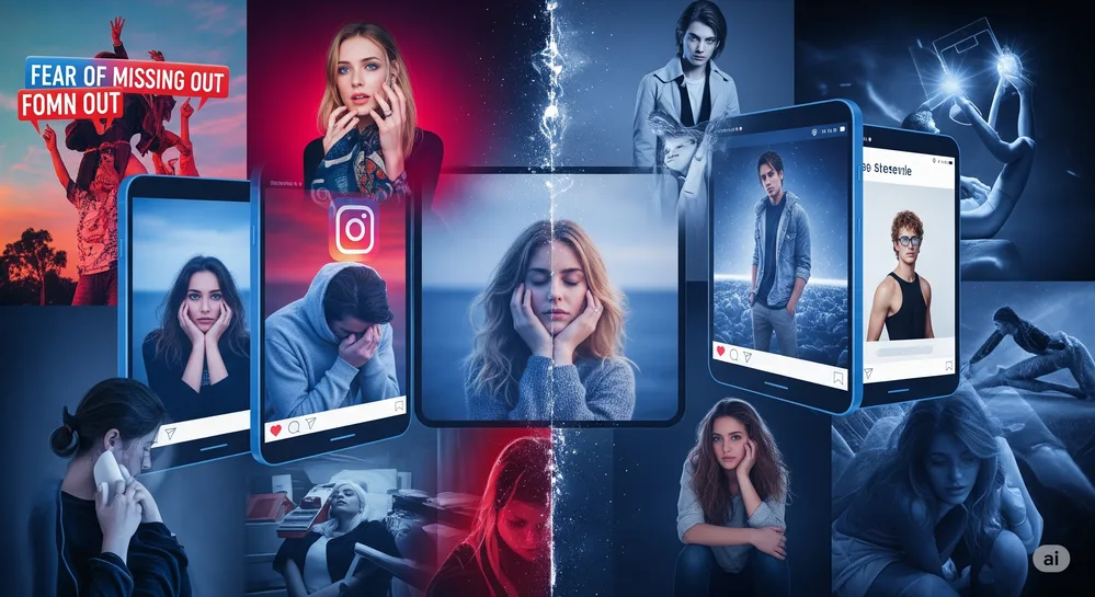 Pessoa olhando redes sociais com expressão de ansiedade