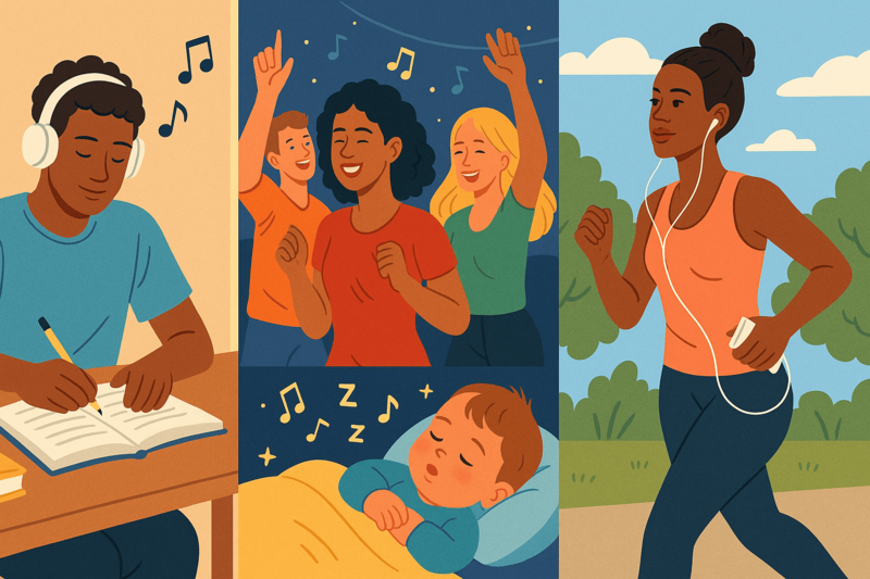 Pessoas ouvindo diferentes gêneros musicais em situações do dia a dia