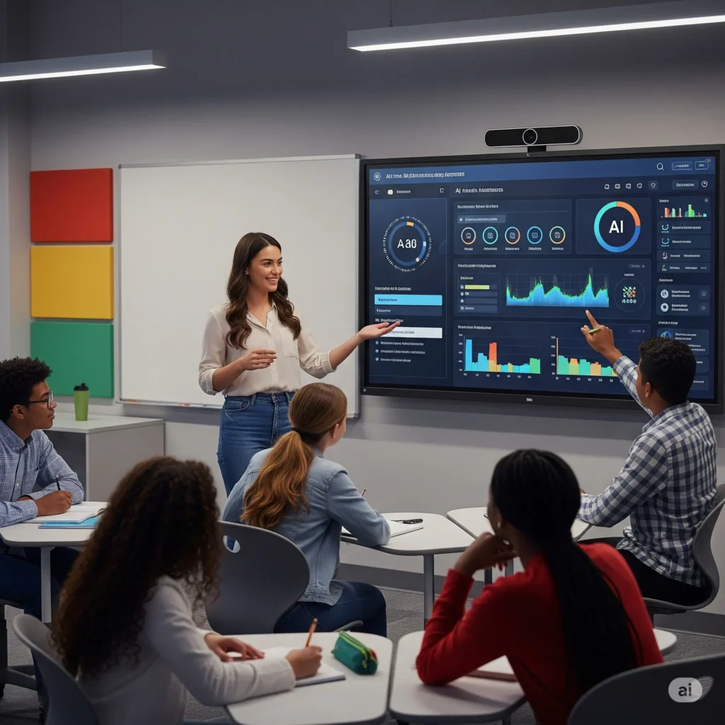 Inteligência Artificial na Educação: Aliada ou ameaça 3 Professor interagindo com alunos em sala enquanto IA analisa dados
