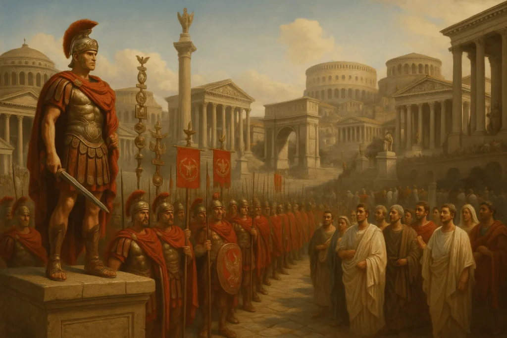 A Eneida de Virgílio: A Epopeia que Moldou a Cultura Romana e o Ocidente 2 General romano em destaque com soldados alinhados e cidadãos na antiga Roma, mostrando o poder e a grandiosidade do Império Romano.