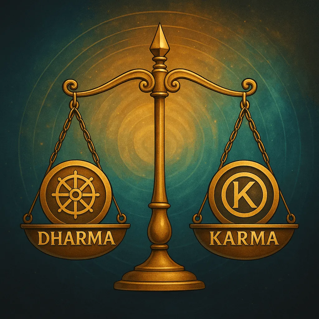 Mahabharata: O Maior Épico da Humanidade e Suas Lições Eternas 7 Símbolos de Dharma e Karma em balanço equilibrado