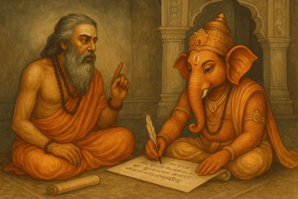 Mahabharata: O Maior Épico da Humanidade e Suas Lições Eternas 3 Vyasa ditando versos do Mahabharata a Ganesha