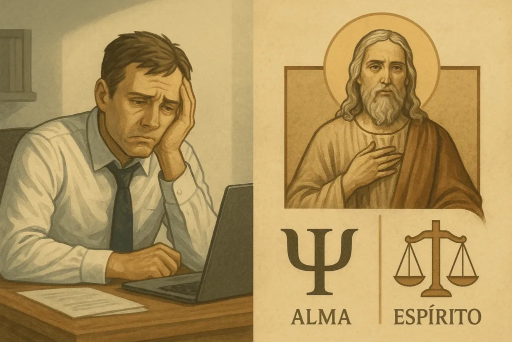 Homem frustrado em ambiente de trabalho e figura religiosa com símbolos de psicologia e moralidade.