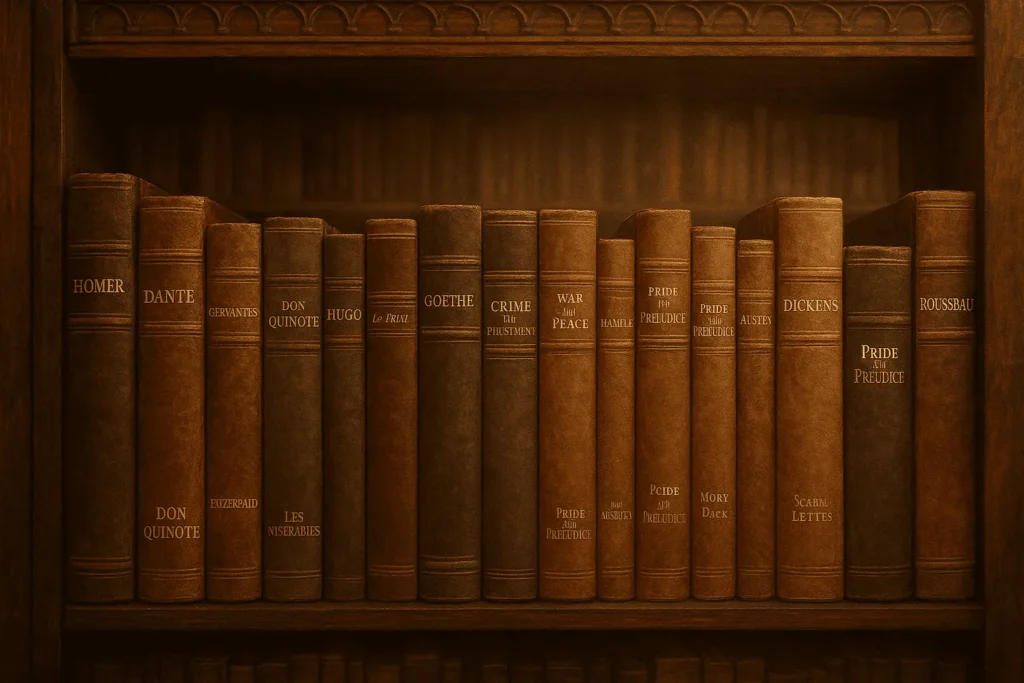 Série “Clássicos da Literatura” 3 Estante de livros clássicos com autores como Dostoiévski, Cervantes e Guimarães Rosa