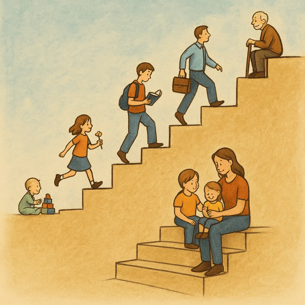Ilustração de uma escada com crianças subindo degrau por degrau até se tornarem adultos, simbolizando as etapas da vida.