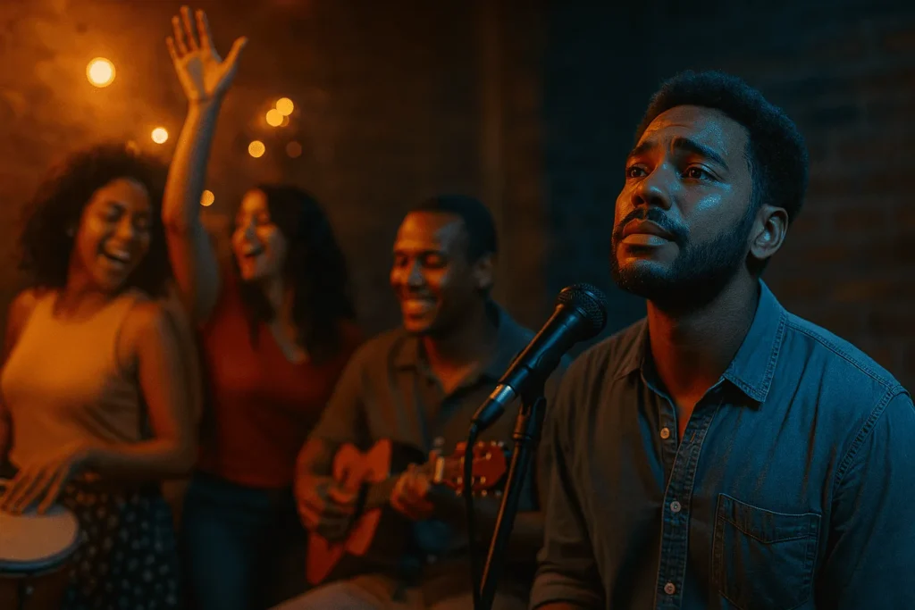 Dualidade do samba: alegria e melancolia em roda de samba com pandeiro e cavaquinho sob luz quente e fria, cantor emocionado ao microfone.