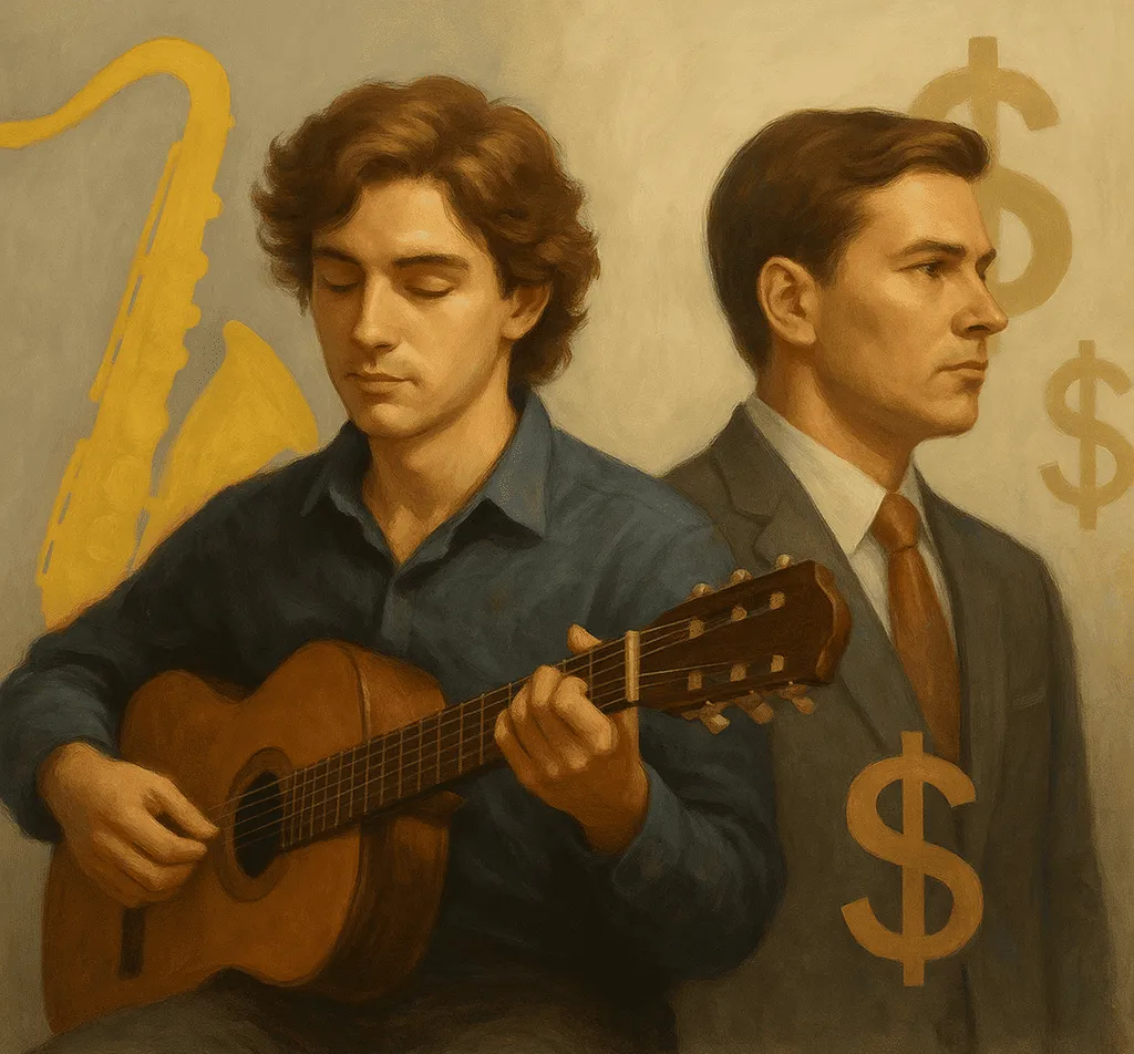Ilustração de jovem dividido entre a música e uma carreira empresarial, simbolizando o conflito entre vocação e sucesso financeiro.