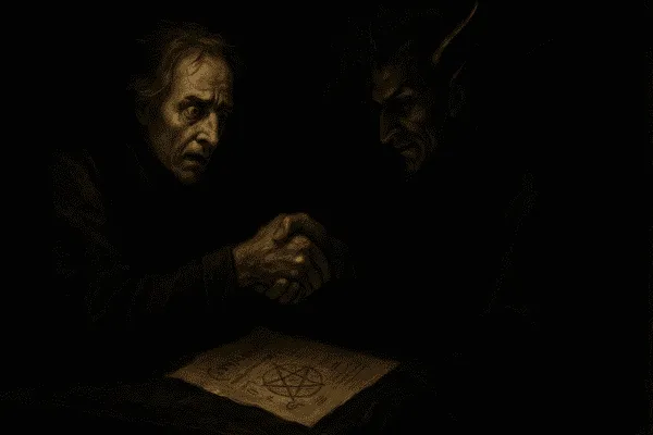 Série “Clássicos da Literatura”: Fausto 4 Fausto apertando a mão de Mefistófeles em um pacto sombrio.