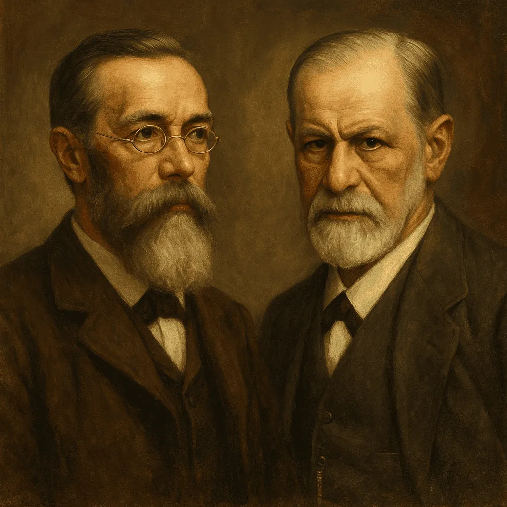 Retrato artístico de Wilhelm Wundt e Sigmund Freud, pioneiros da psicologia moderna.