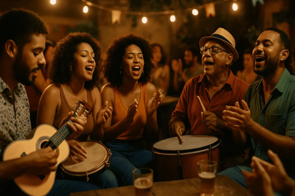História do samba no Brasil: roda de samba contemporânea com percussão e cavaquinho