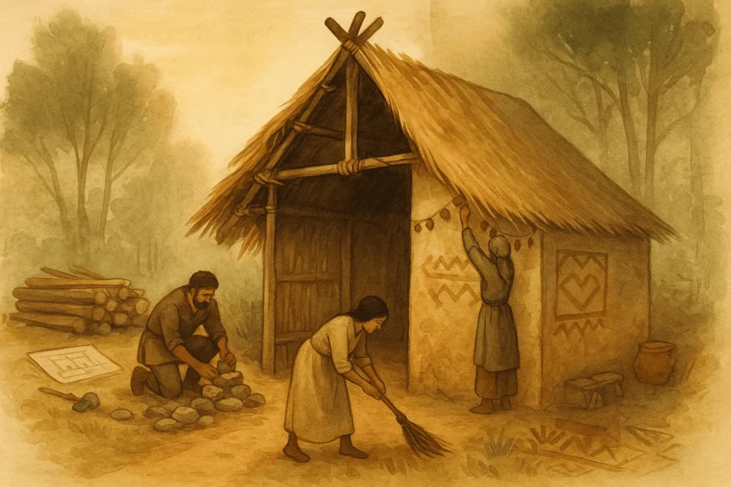 Ilustração de cabana primitiva mostrando o nascimento da arquitetura