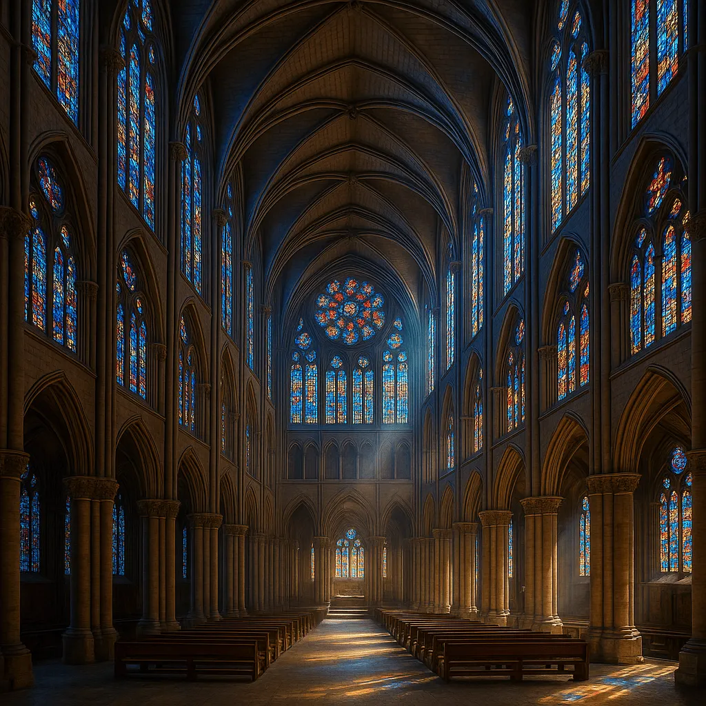 Interior de catedral gótica com vitrais e ogivas