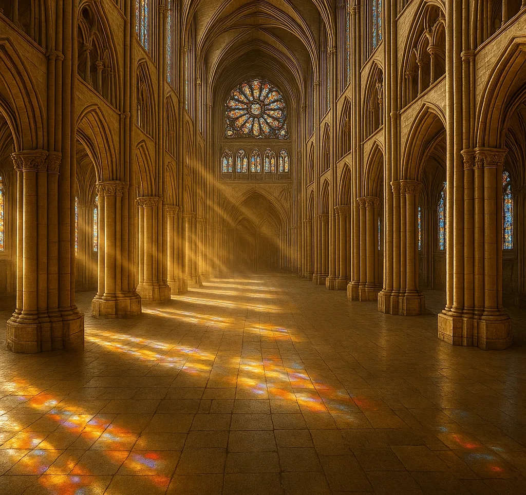Interior de catedral gótica com vitrais e ogivas