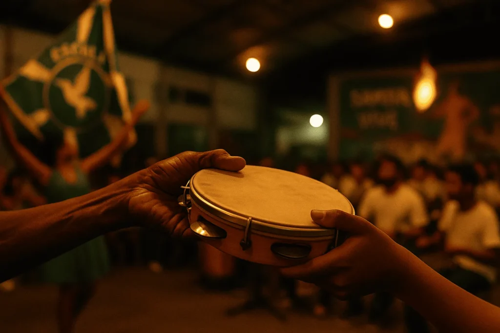 Legado do samba: mãos de idoso passando um pandeiro para um jovem em quadra de escola de samba, bateria e porta-bandeira ao fundo, luz quente.