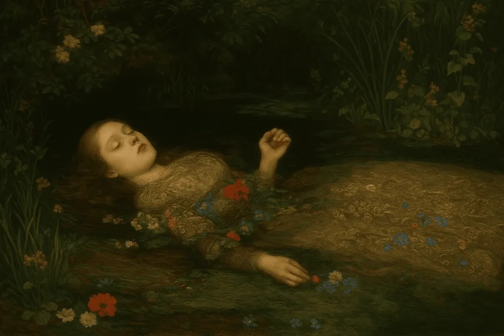Serie "Clássicos da Literatura": Hamlet 5 Ofélia se afogando em um rio com flores nas mãos