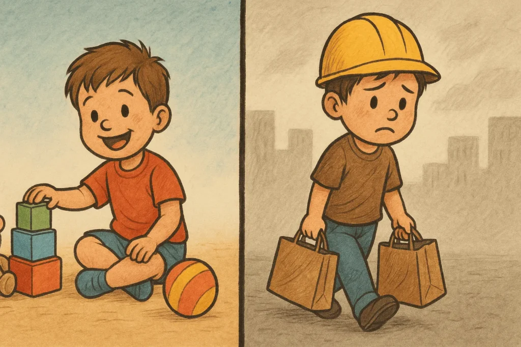 Ilustração de uma criança dividida entre brincar e trabalhar, mostrando o impacto da adultização.