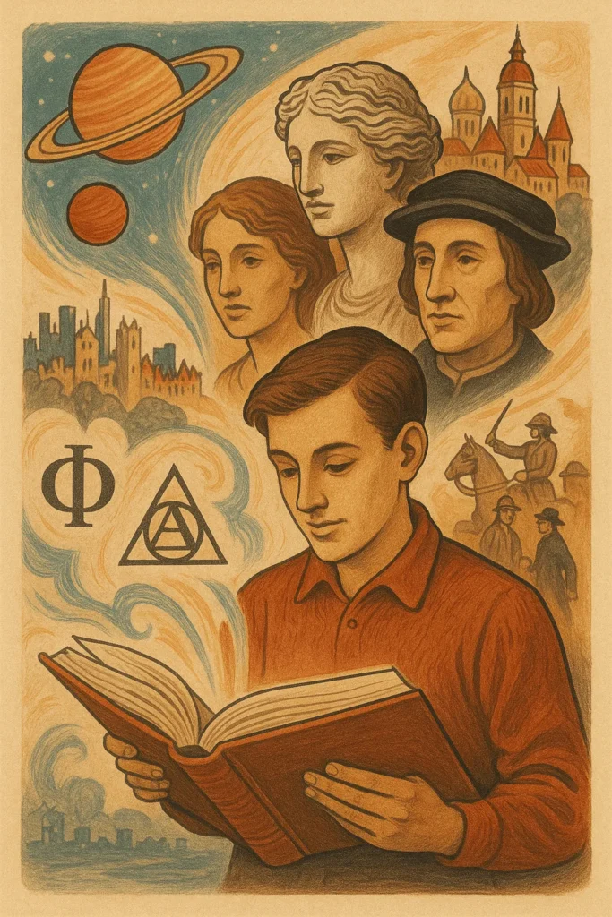 Série “Clássicos da Literatura” 2 Pessoa lendo um livro com projeções de ideias e mundos imaginários ao redor