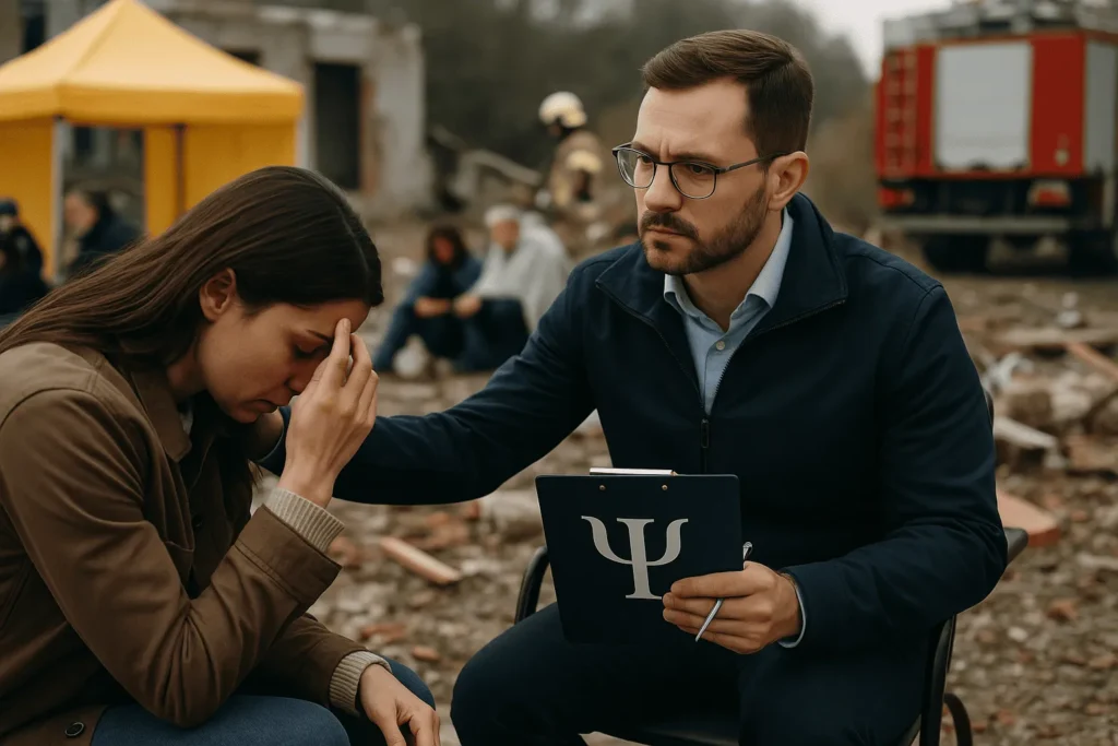 Psicólogo oferecendo apoio emocional a vítima de desastre, com símbolo Ψ visível na prancheta.