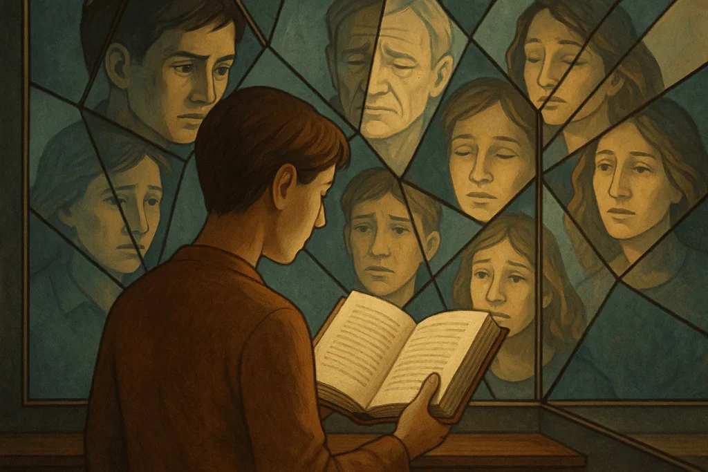 Série “Clássicos da Literatura” 4 Pessoa em frente ao espelho segurando um livro, refletida em várias versões de si mesma