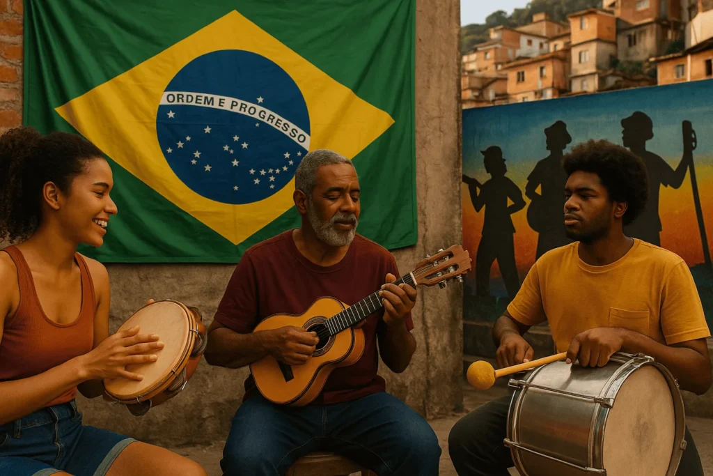 Samba e identidade nacional: roda de samba multigeracional com pandeiro, cavaquinho e surdo diante da bandeira do Brasil em comunidade.