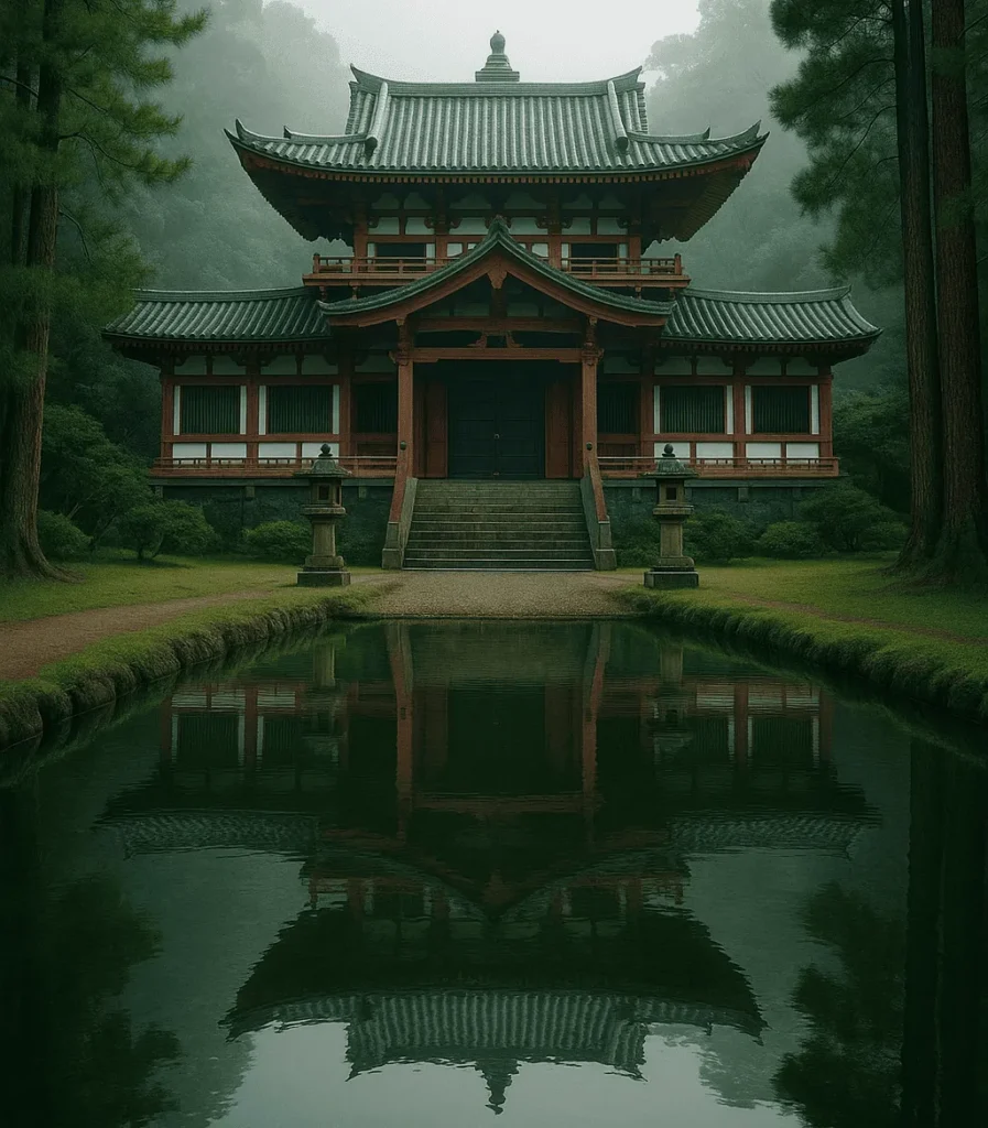 Templo oriental integrado à paisagem natural