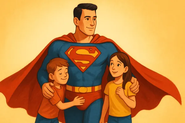 A Responsabilidade dos Pais em Proteger Seus Filhos 6 Ilustração de pai vestido de super-herói protegendo os filhos com capa vermelha e uniforme azul, transmitindo segurança e confiança. É responsabilidade dos pais em proteger seus filhos