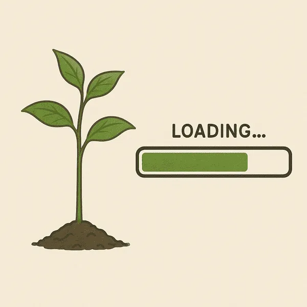 Planta crescendo lentamente em contraste com barra de carregamento rápida