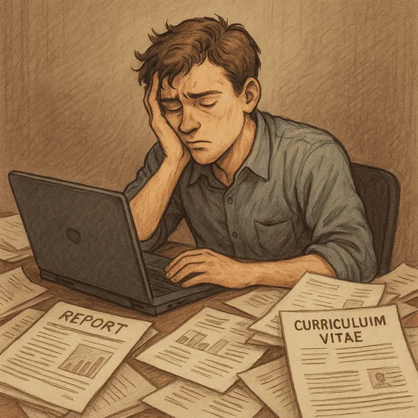 Jovem cansado diante do computador com pilhas de currículos e exigências de mercado