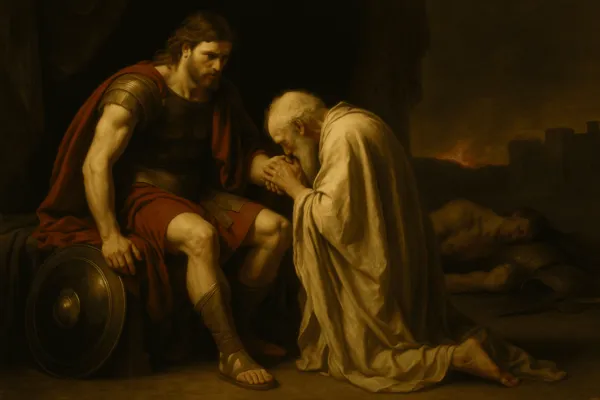 Série “Clássicos da Literatura”: A Ilíada e a Odisseia 6 Príamo ajoelhado diante de Aquiles suplicando pelo corpo de Heitor