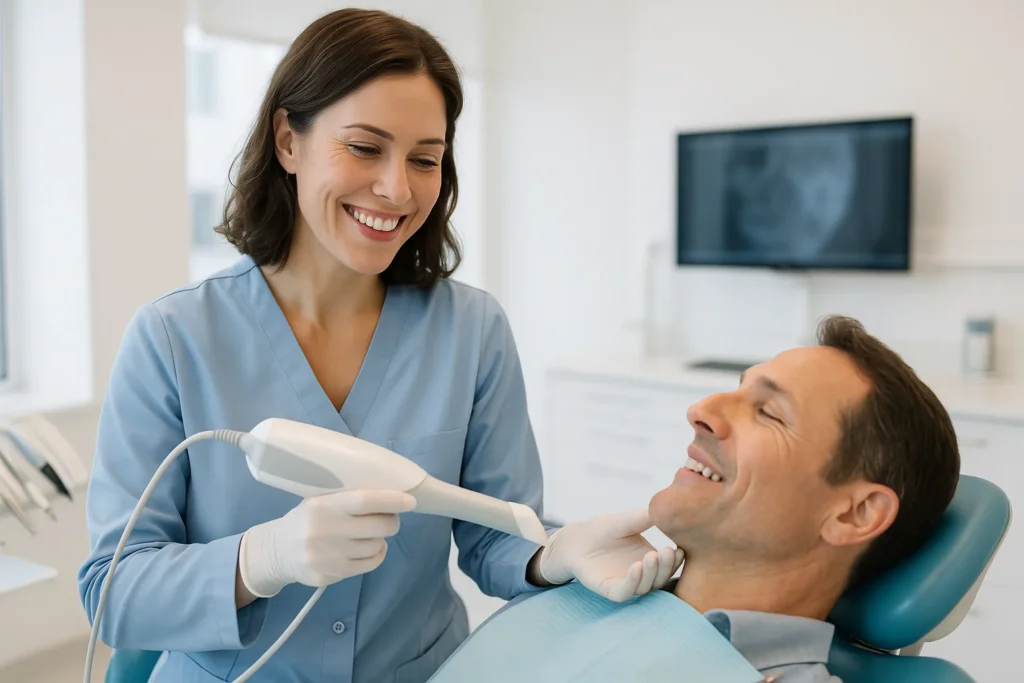 dentista moderno em consultório humanizado com paciente sorrindo