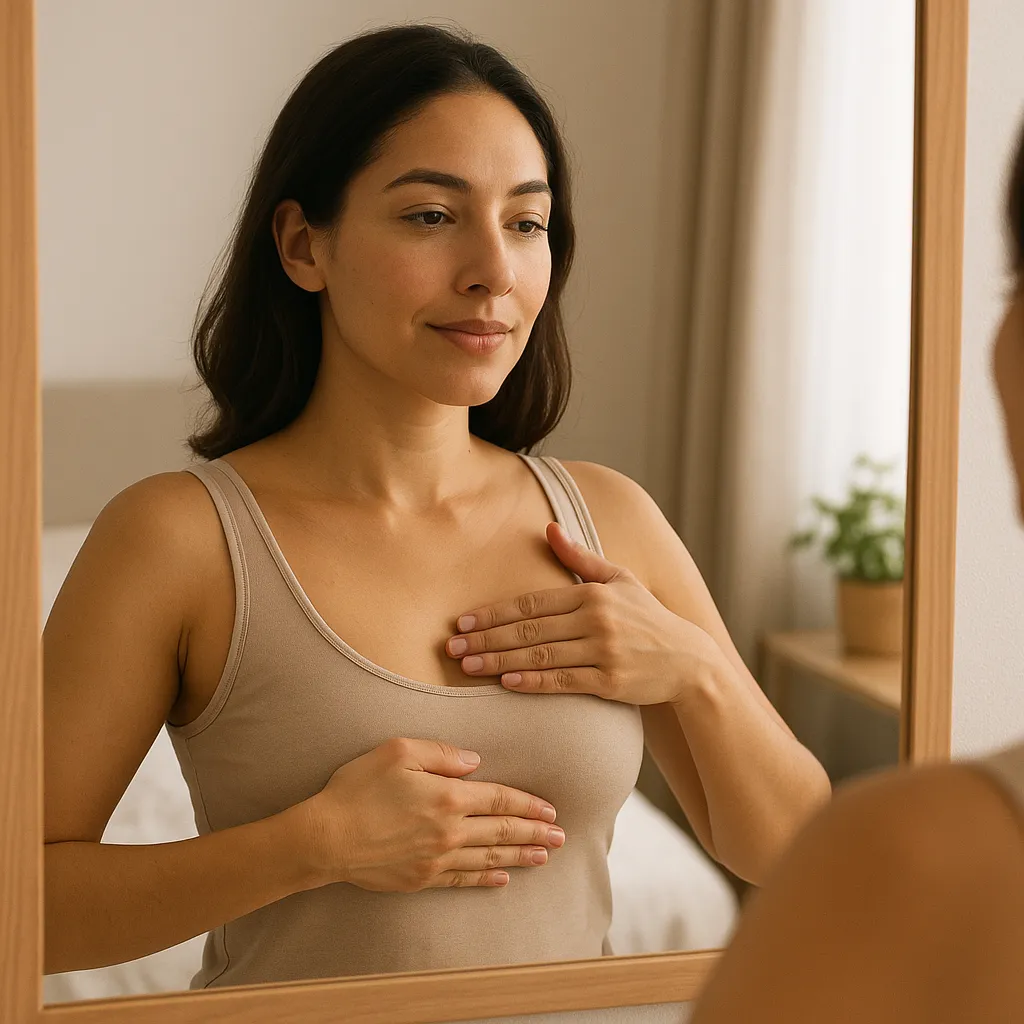 Outubro Rosa: Prevenir é um Ato de Amor 5 Mulher realizando autoexame de mama em casa como parte da rotina preventiva