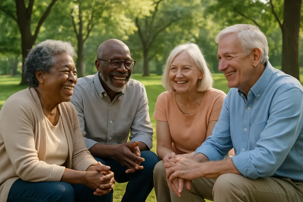 Círculo de idosos conversando em um parque