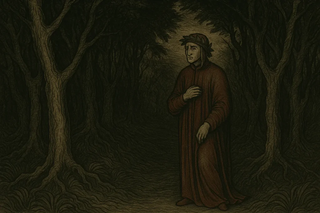 Representação de Dante Alighieri entrando na selva escura em A Divina Comédia