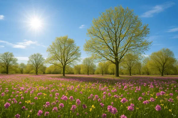Equinócio de Primavera: Significado, Simbolismo e Renovação da Vida 3 Paisagem florida simbolizando a chegada da primavera