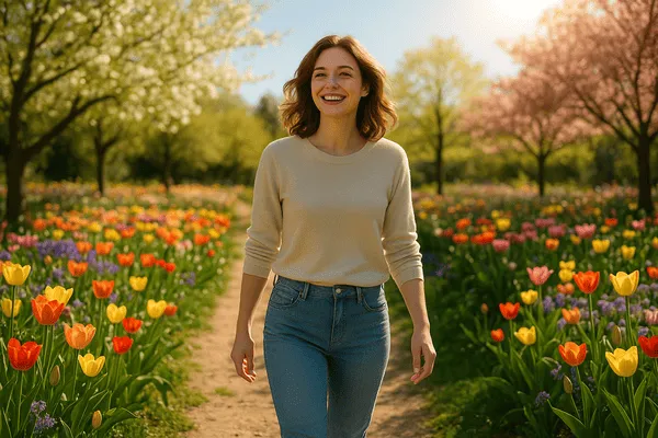 Equinócio de Primavera: Significado, Simbolismo e Renovação da Vida 6 Pessoa sorrindo em meio a flores durante a primavera