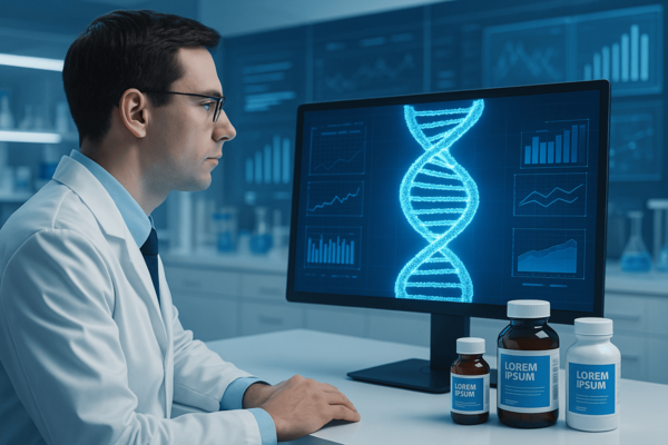 Farmacêutico analisando DNA em laboratório moderno