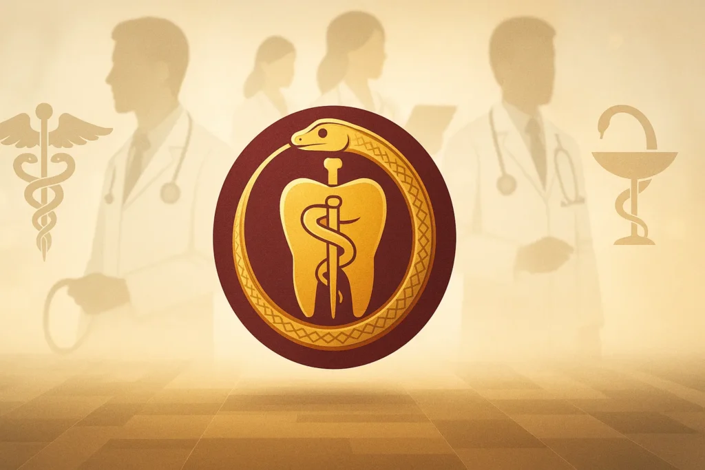 Símbolo da odontologia em destaque com profissionais da saúde ao fundo, representando integração multidisciplinar.