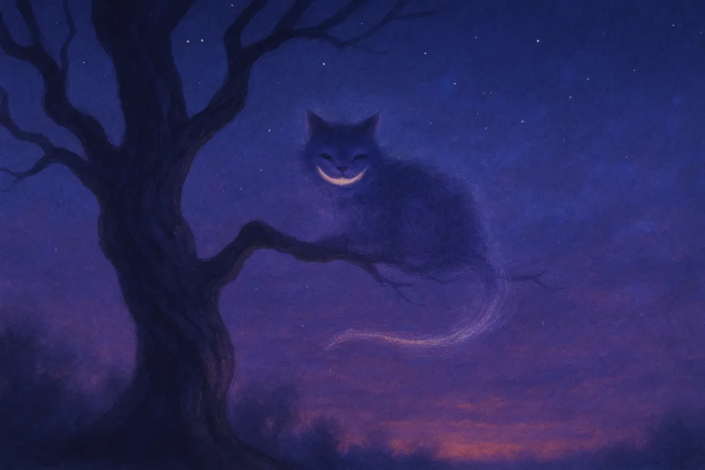 Gato de Cheshire sorridente surgindo em galho de árvore, sorriso permanecendo