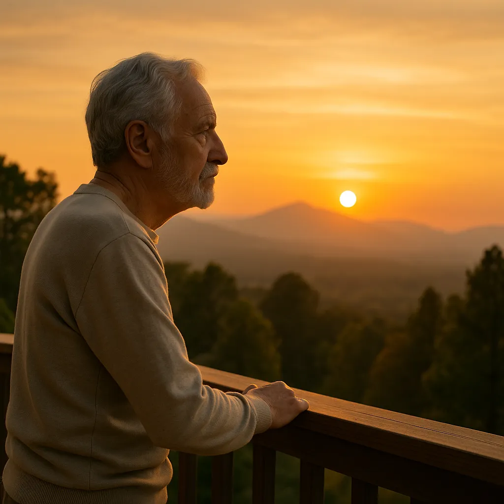 Homem idoso olhando para o horizonte ao pôr do sol