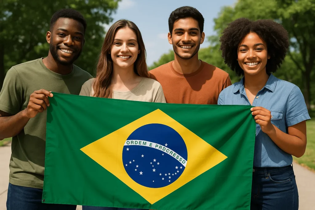 Jovens brasileiros segurando bandeira do Brasil em manifestação