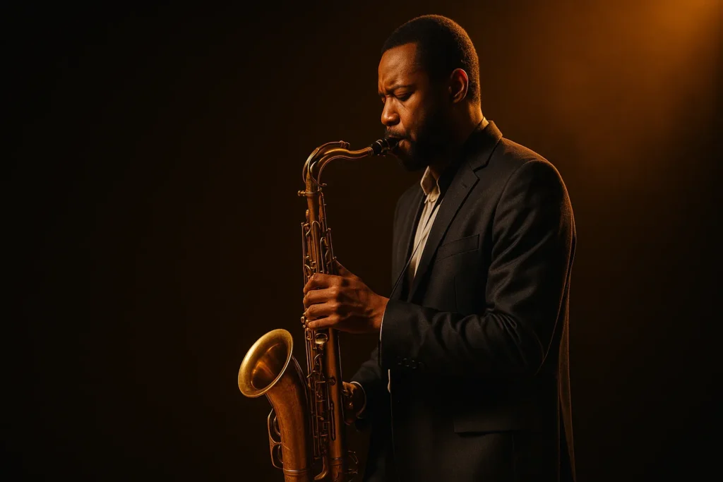 Saxofonista tocando jazz em um palco iluminado