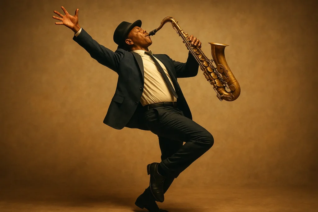 Músico solitário tocando saxofone em palco iluminado por luz quente