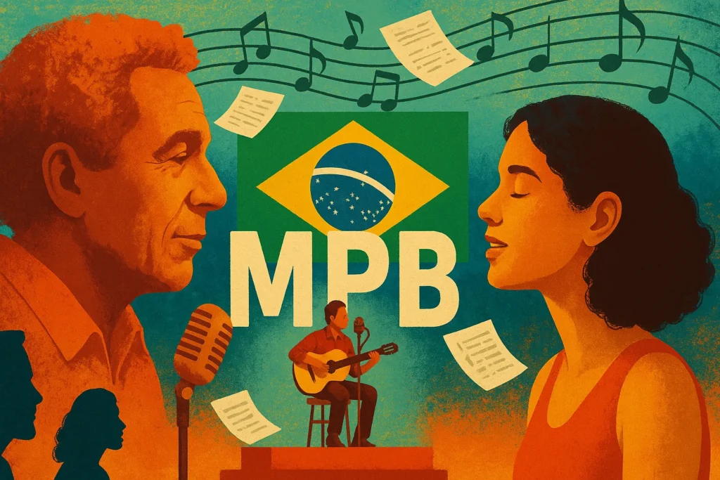 Ilustração representando o legado da MPB com gerações unidas pela música brasileira