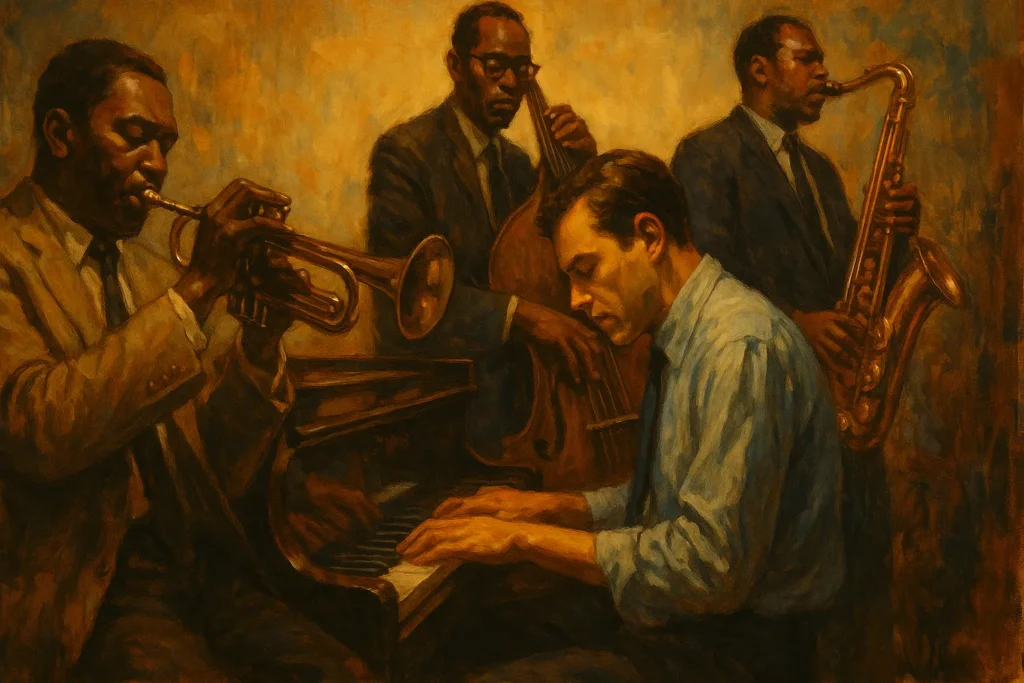 Pintura de músicos de jazz tocando trompete, piano, contrabaixo e saxofone