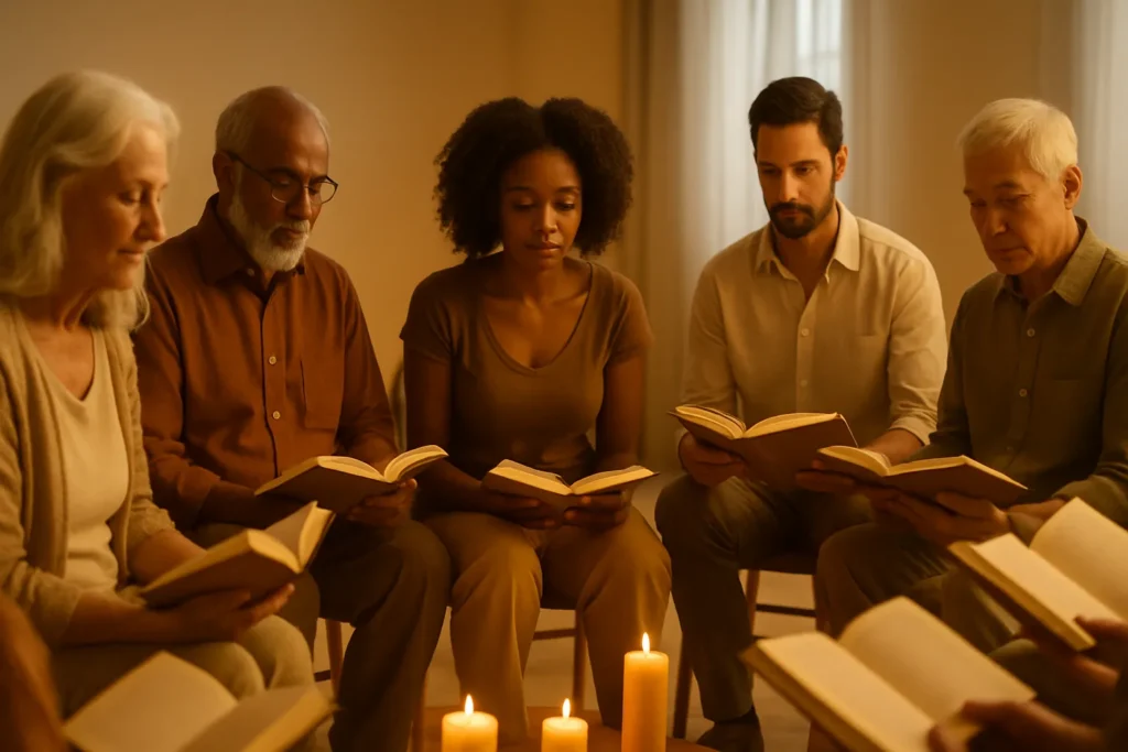 Comunidade diversa lendo livros sagrados em cerimônia respeitosa