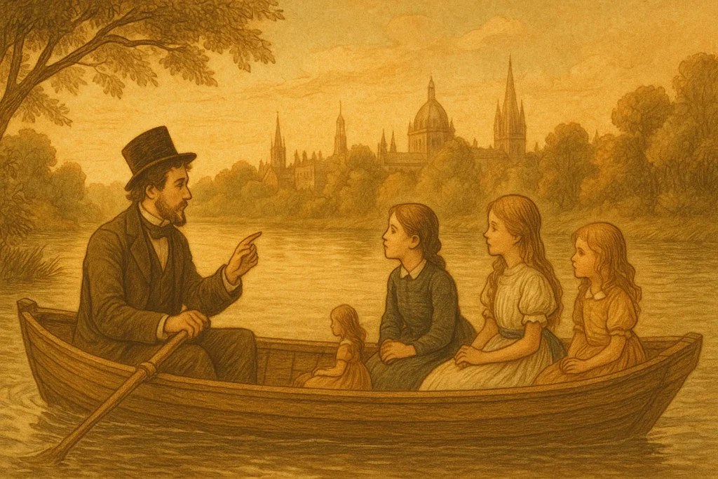 Lewis Carroll em passeio de barco no Tâmisa com as irmãs Liddell, Oxford vitoriana