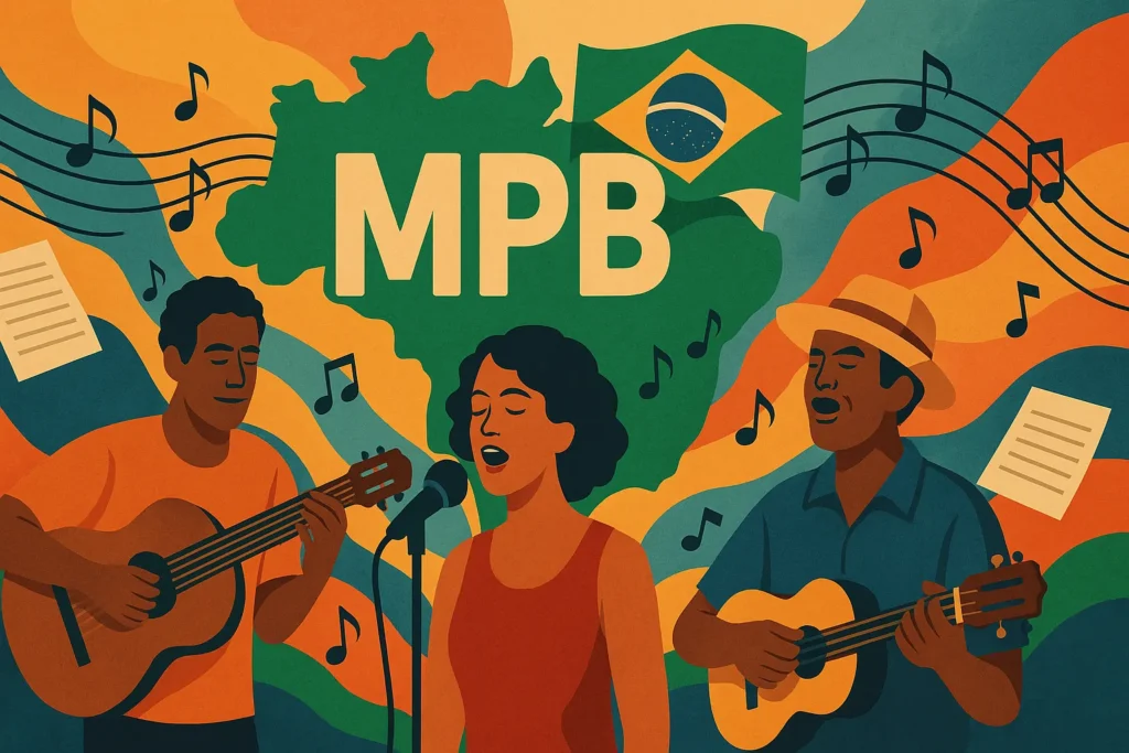 Ilustração mostrando a MPB como símbolo de unidade cultural no Brasil com músicos ao redor do mapa do país
